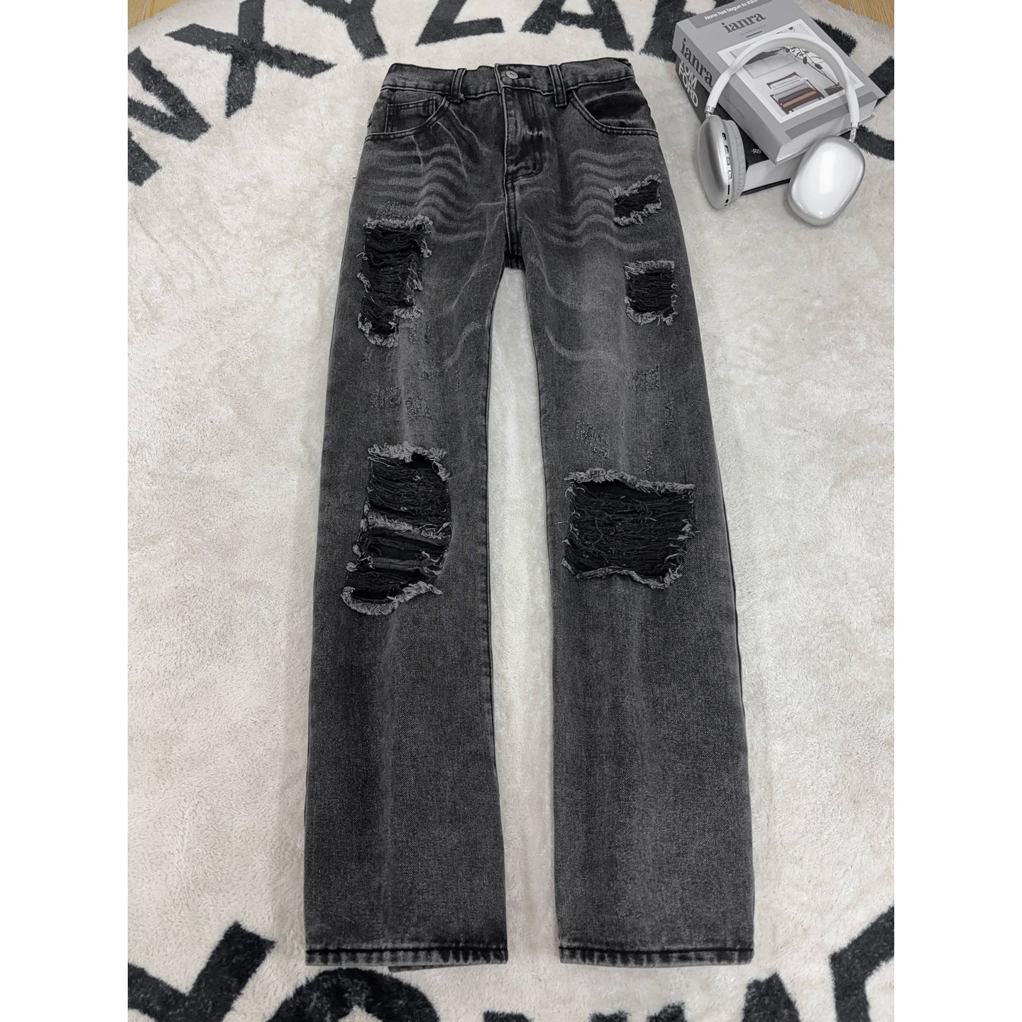 Ripped Denim Pants for Men,Vintage Loose Wide Leg Design Long Trousers