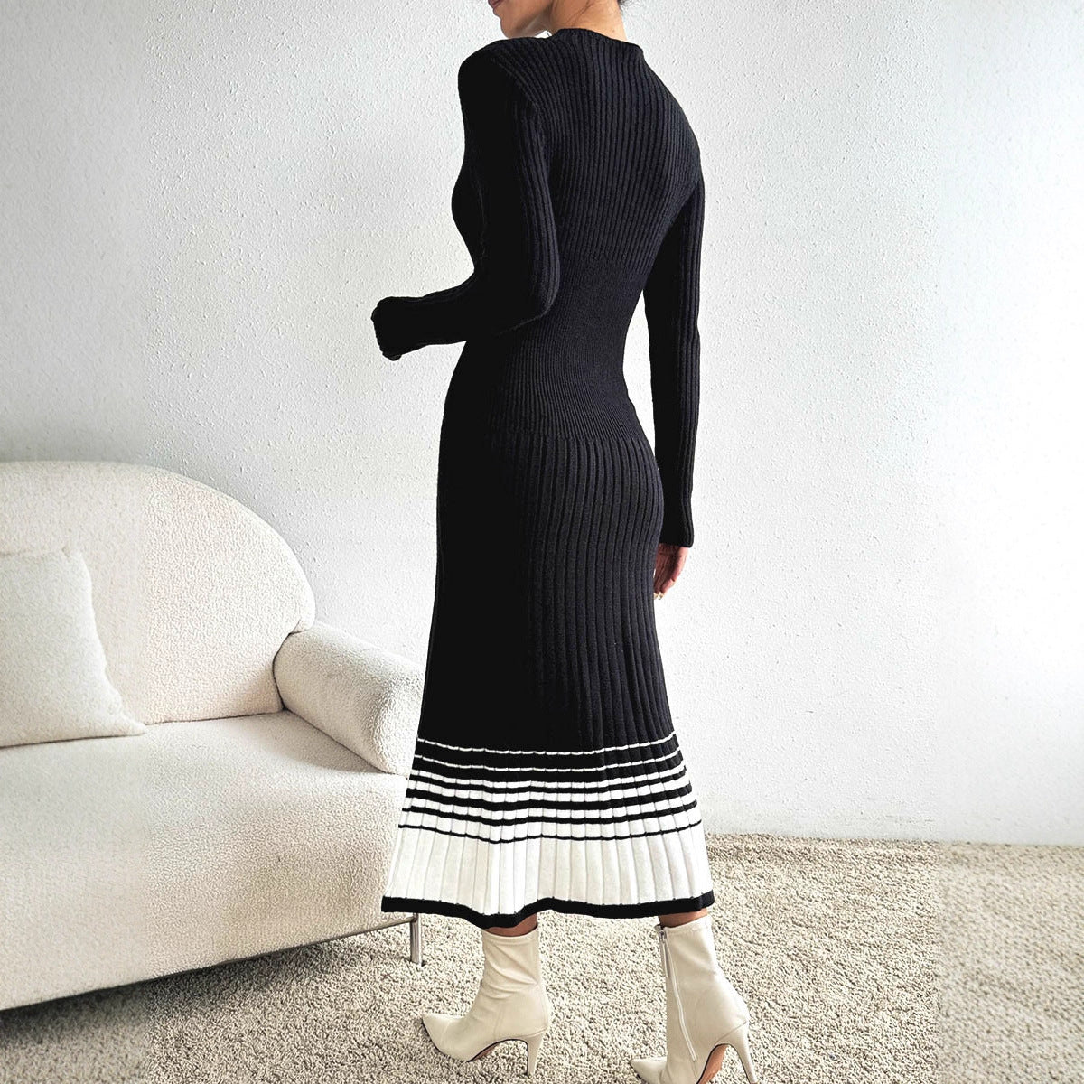 Women's Knit Dress with Black and White Stripes, Long Sleeve, Casual Basic Dress