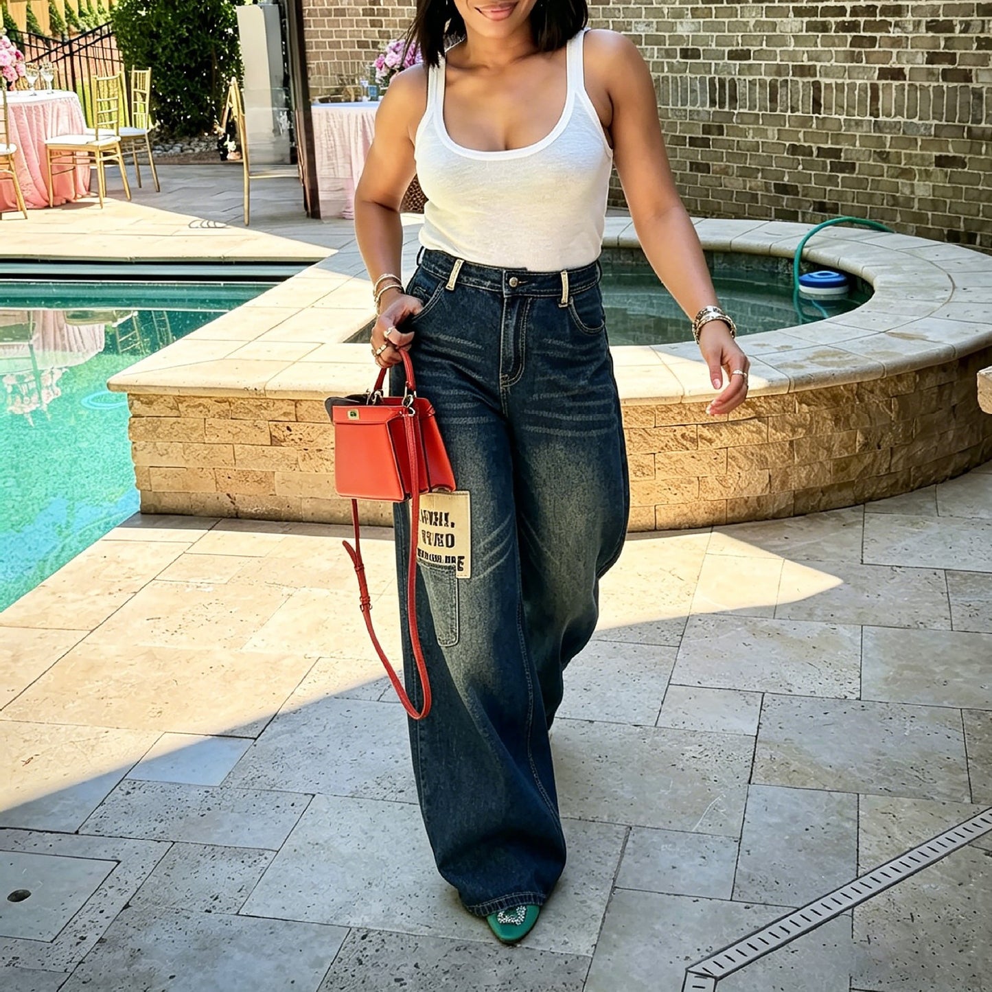 Street Style Asymmetric Letter Patch Washed Frayed Denim Pants