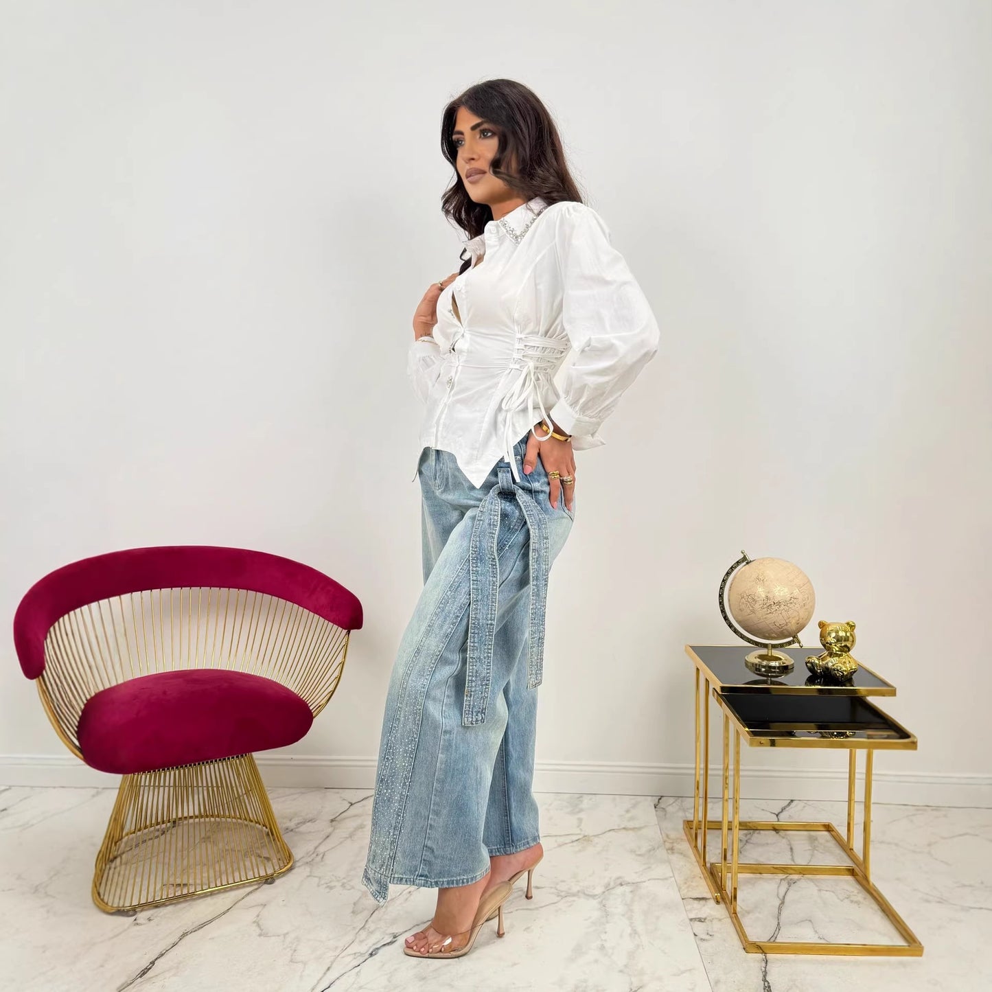 Fashion Heavy Rhinestone Side Bow Decorated Washed Denim Pants