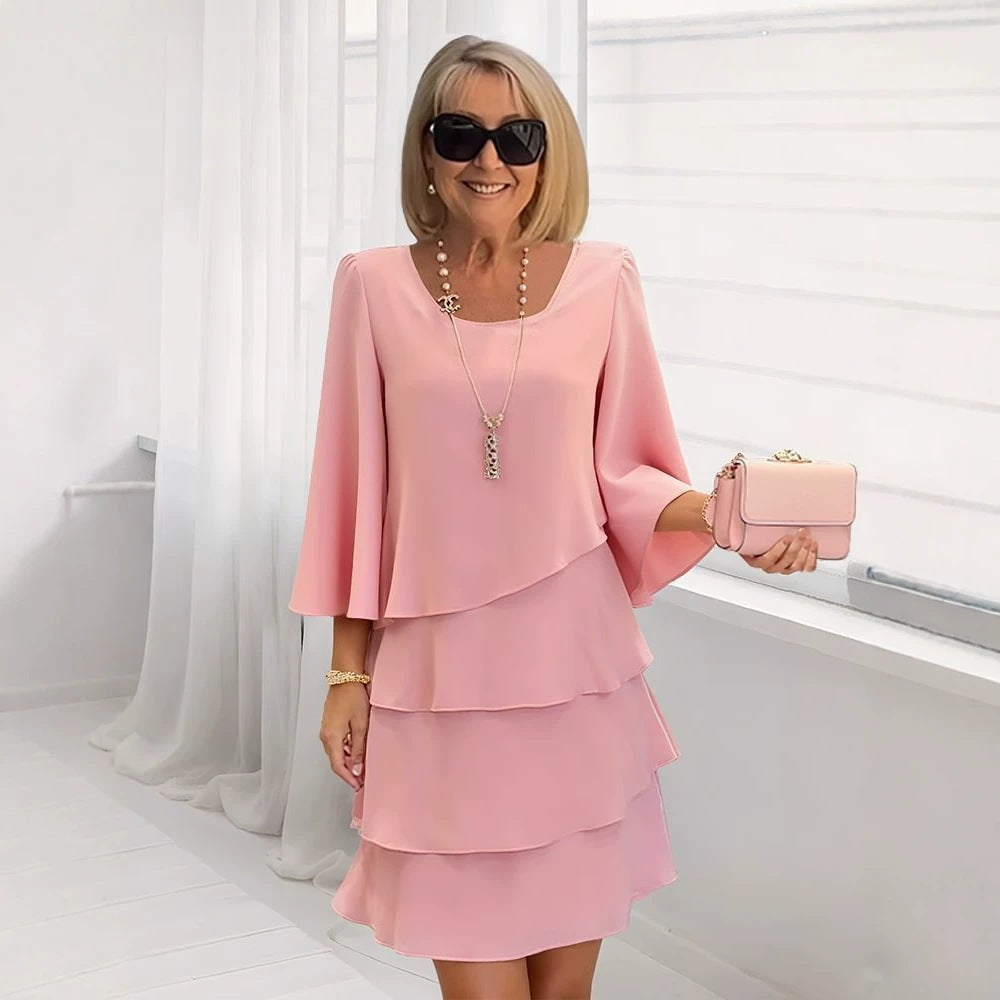 Loose solid color round neck dress