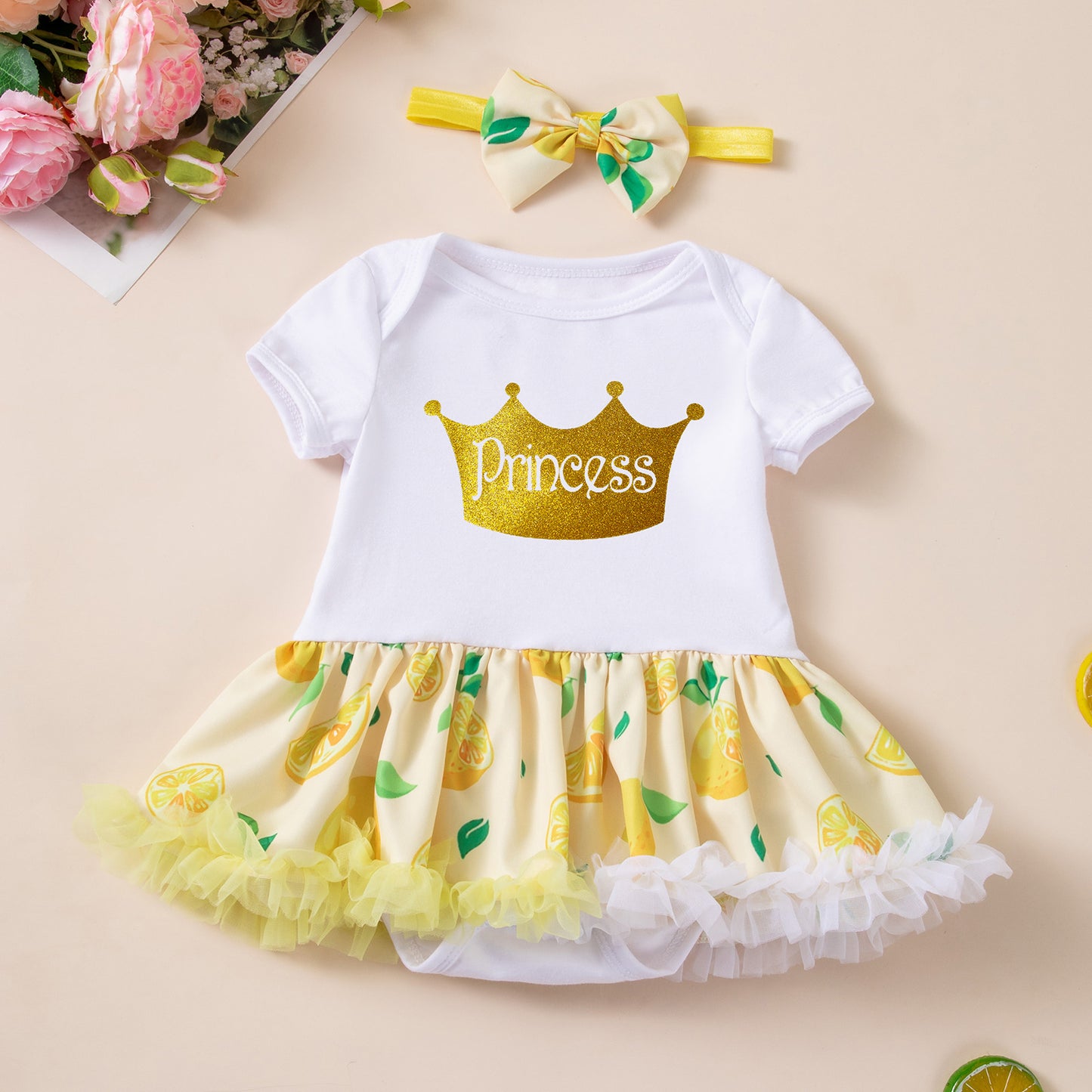 Baby Summer Clothes Girl Lemon Print Princess Dress First Birthday Party Romper Baby Photo Shoot Formal Outfit Set