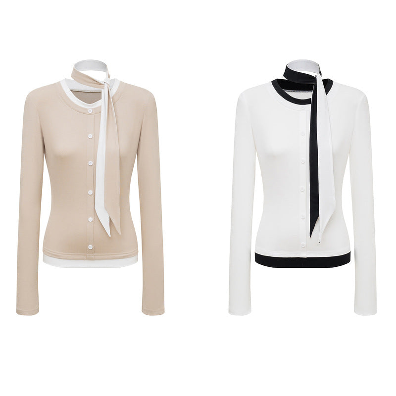 Hanging neck ribbon contrasting fake two piece long sleeved T-shirt