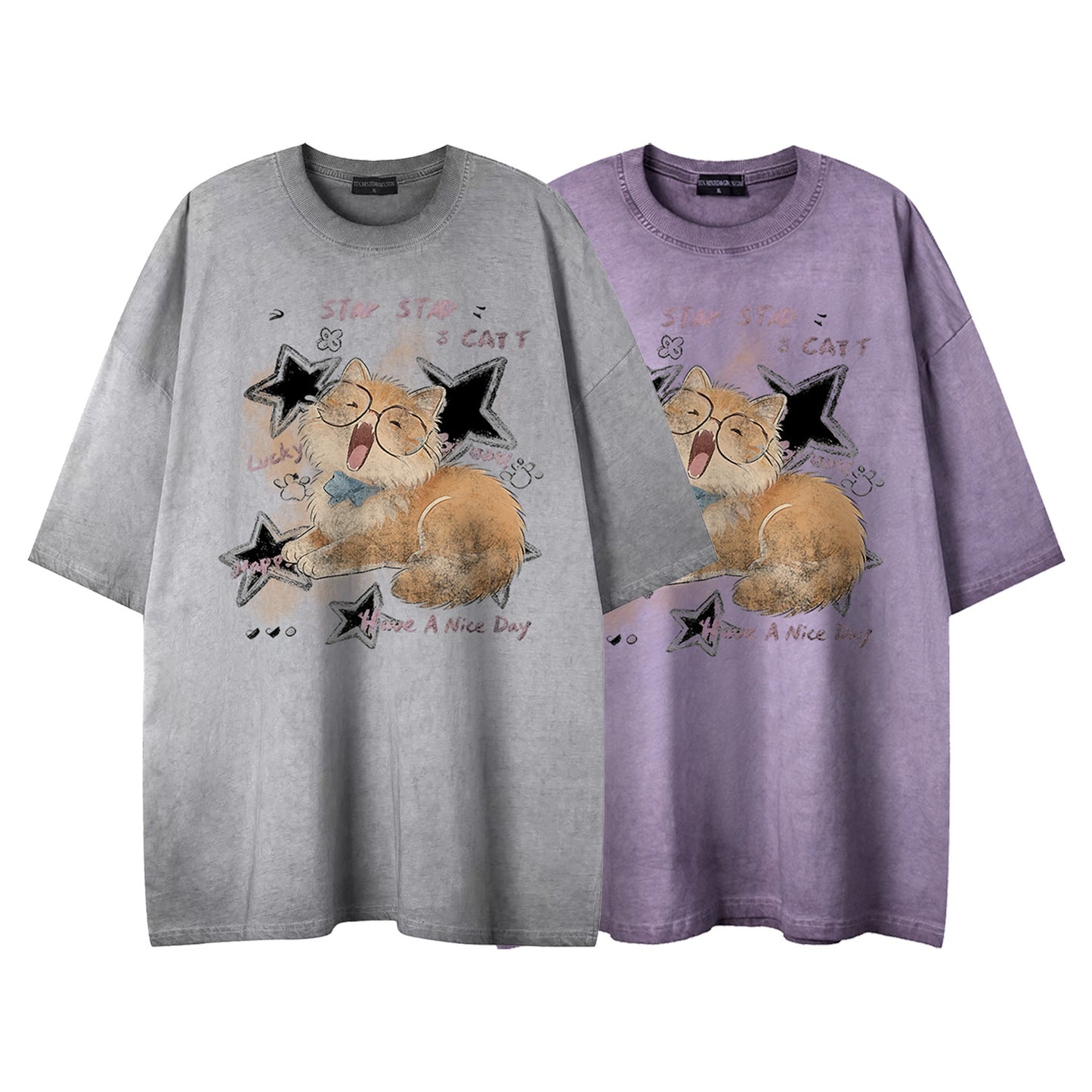 Soft and cute orange cat printed short sleeved shirt