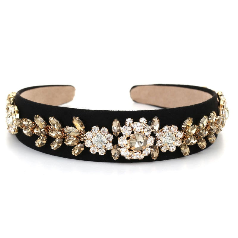 Super Sparkling Baroque Crystal Flower Headband Gold Velvet Retro Headband