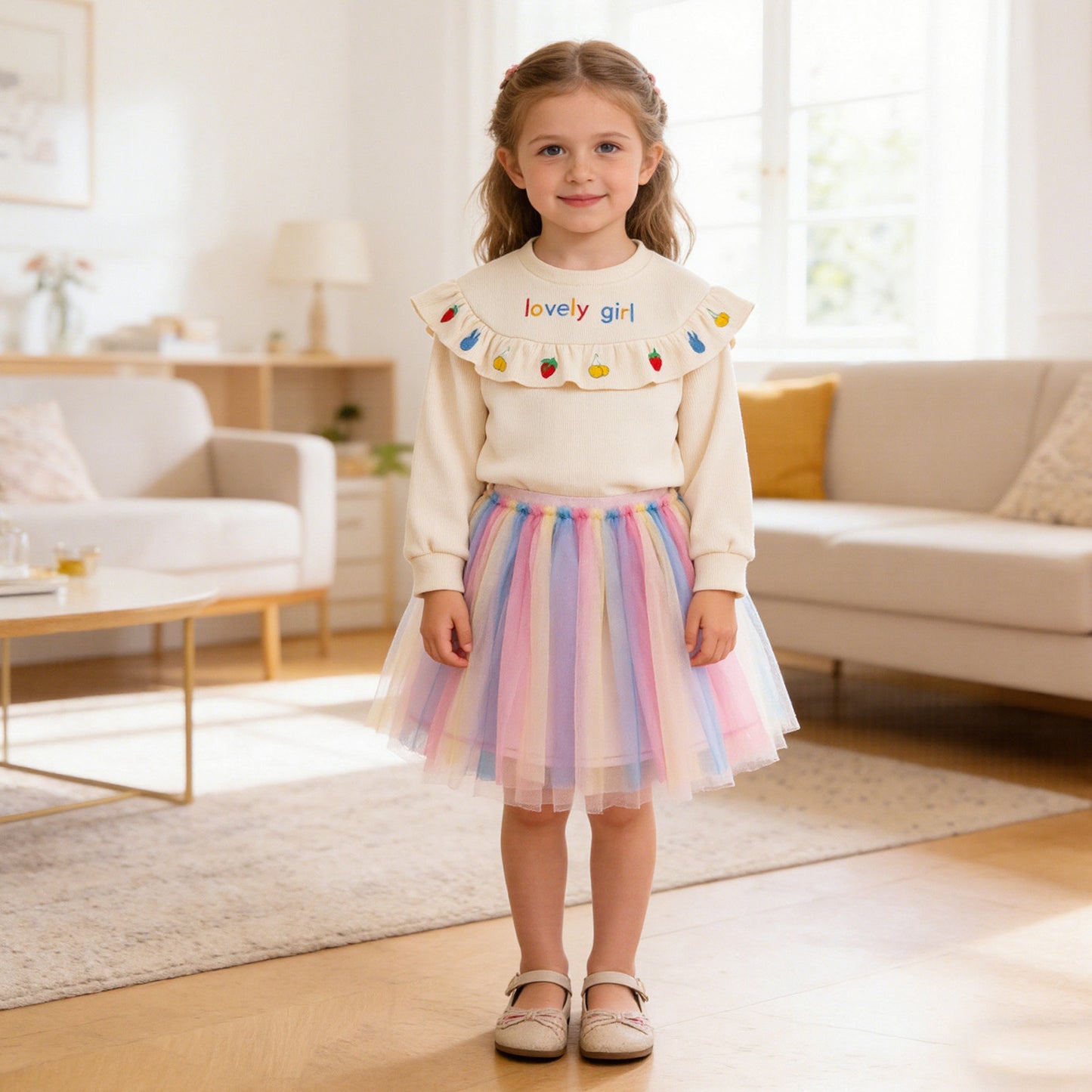 New Women's Children's Fashion Casual  Embroidered Ruffle Round Neck Flower Hoodie and Skirt Set