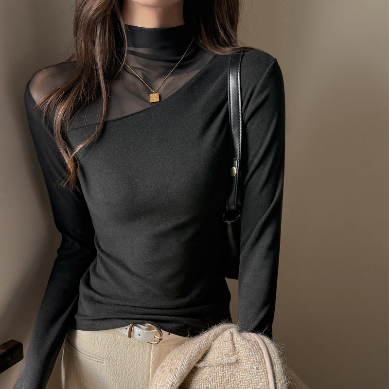Chic High Neck Women's Long Sleeve T-Shirt with Mesh Splicing Lightweight Inner Layer Top