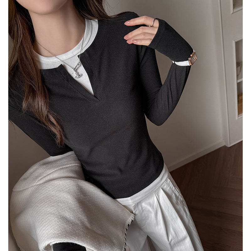 Tencel Lyocell Two-Piece Long Sleeve T-Shirt for Women Early Autumn Simple Inner Layer Color-Blocked Regular Shoulder Slim-Fitting Base Layer Shirt