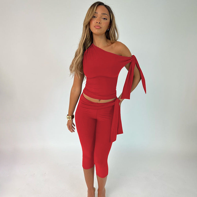 Slant neck solid color sleeveless top slim fit lace up shorts set