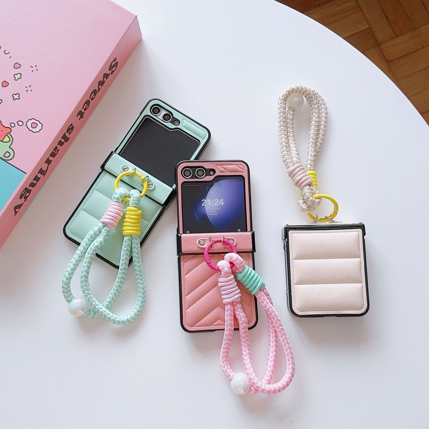 Korean Style Leather Stripe Case for Galaxy Z Flip 7/6/3/4 with Strap, Samsung 5th Gen Foldable Phone Protection