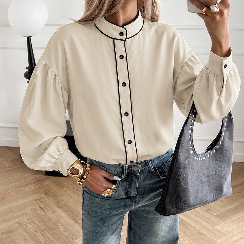 Stand up collar contrasting lantern sleeve shirt