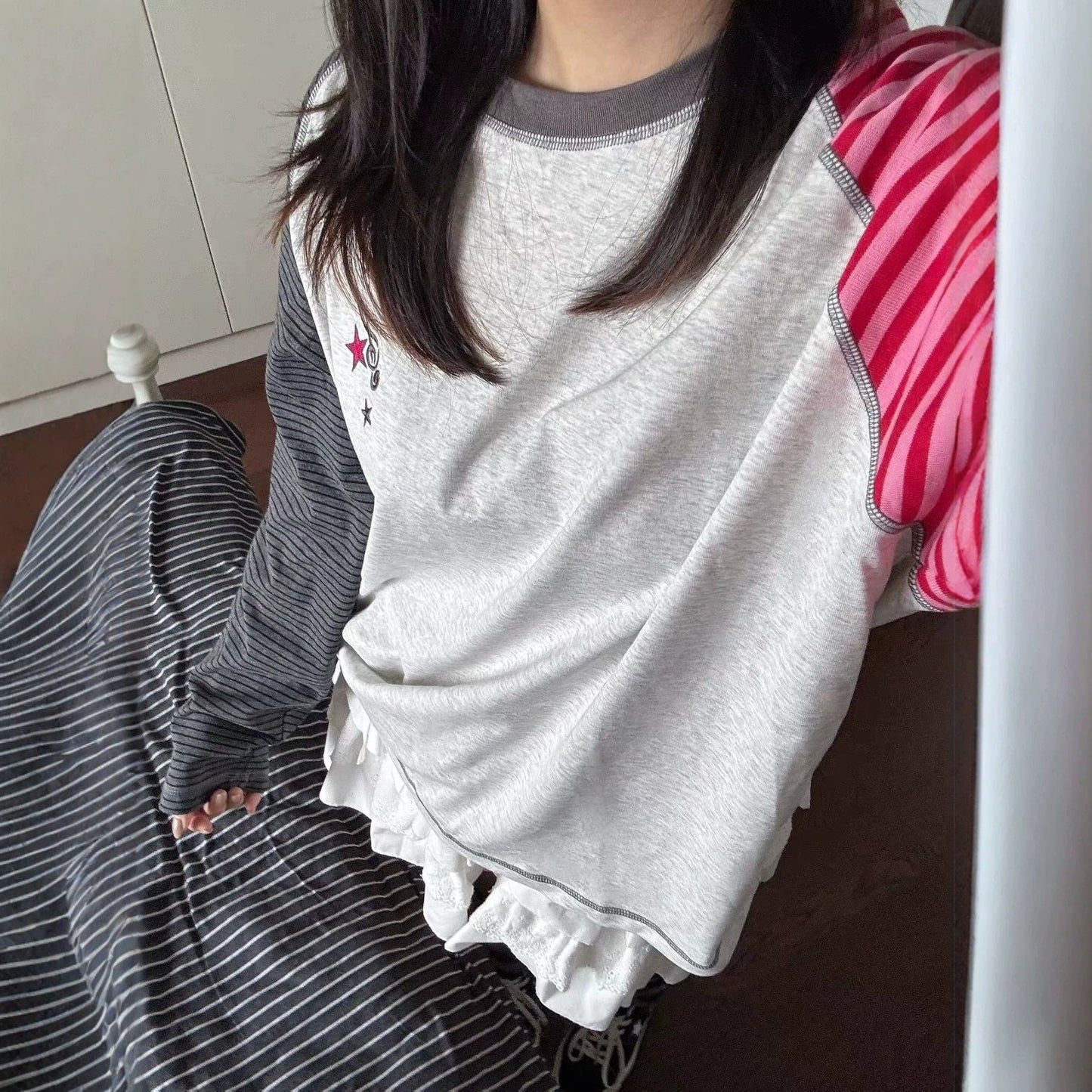 Contrast Stripe Embroidery Long Sleeve Women's Loose T-Shirt