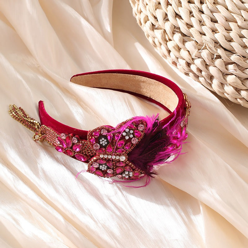 Butterfly rhinestone tassel feather headband headband