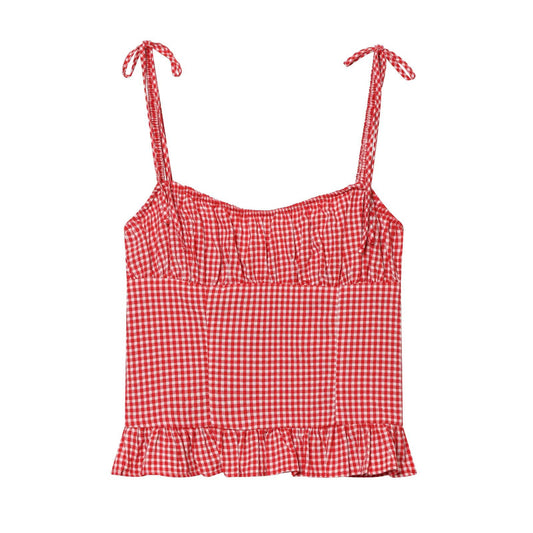 Round neck plaid pleated camisole top