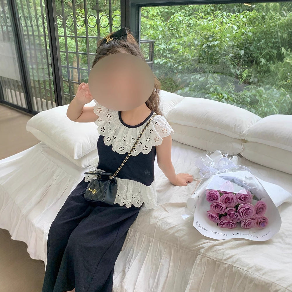 Girls' Set Summer New Round Neck Lace Top + Casual 9/10 Pants Two-Piece Set for Kids