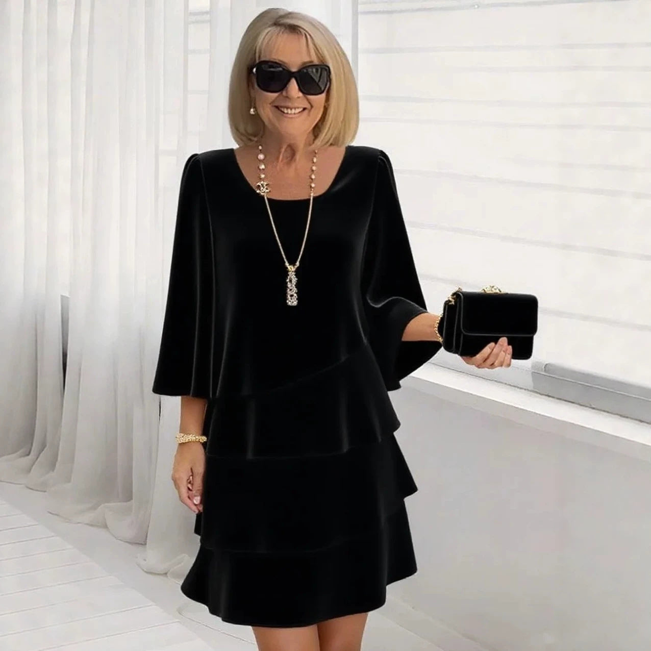 Loose solid color round neck dress