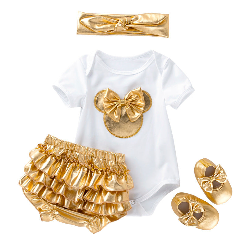 Exclusive Infant &amp; Toddler Outfit Set, Unisex Baby Cartoon Romper amp PP Pants 4-Piece Set, Princess Birthday amp; Celebration Party Wear