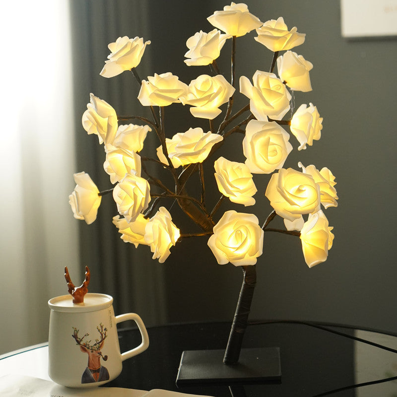 EVA Artificial Valentine's Day Rose Tree Lamp for Bedroom and Living Room, Qixi Wedding Decoration with USB Switch, Warm White Light