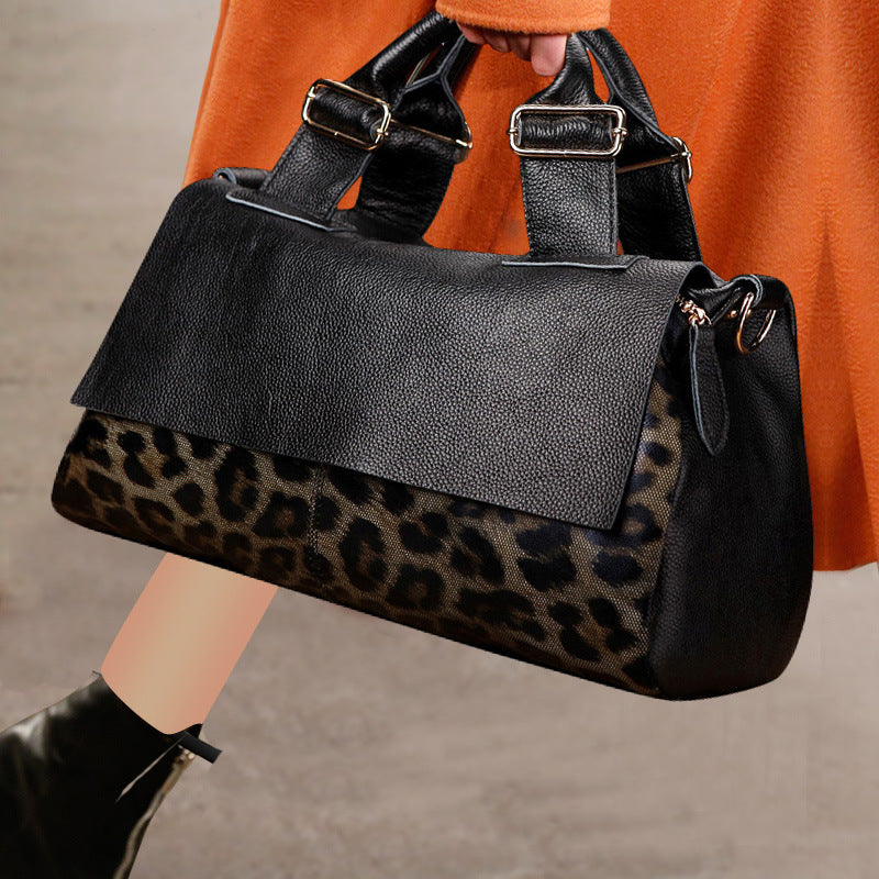 Chic Genuine Leather Large Capacity Handbag Women's Bag Fashion Leopard Print Tote Bag Soft Leather Lady Bag