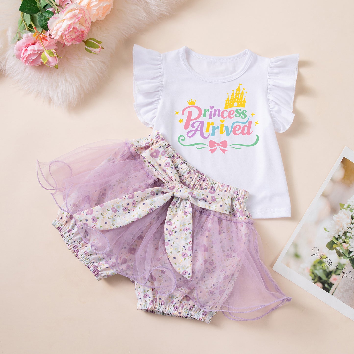 Girls Summer Princess Print Flutter Sleeve T-Shirt and Mesh Skirt Set, Baby Festival Party Outfit Two-Piece Set