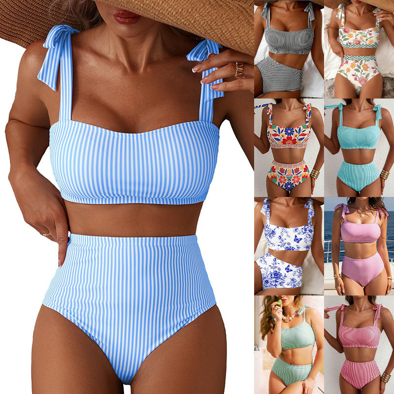 Women's Striped Bikini Set with Tie-Shoulder Design, High-Waisted Two-Piece Swimsuit
