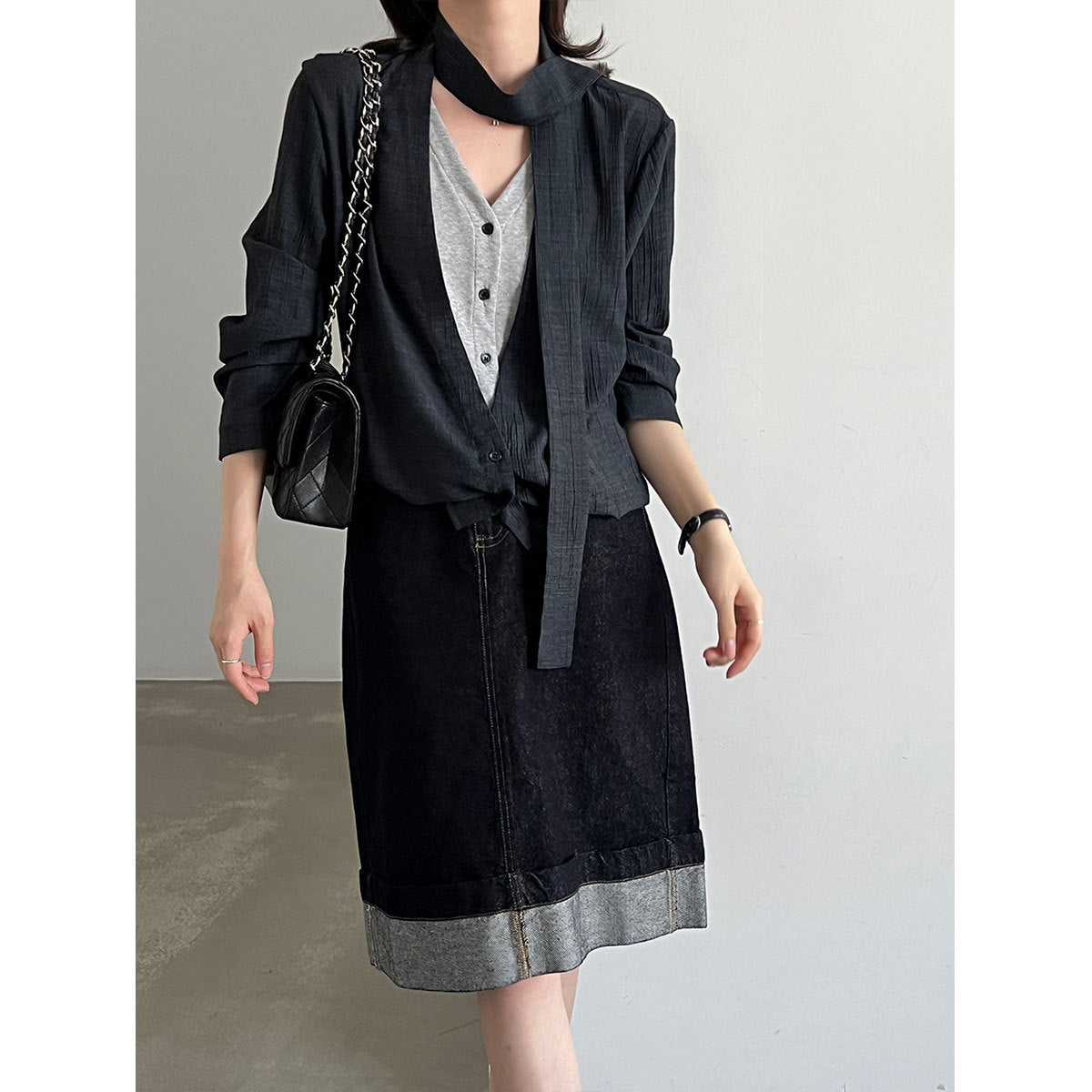 Tie-Neck False Two-Piece V-Neck Blouse for Women  Relaxed Design Ribbon Long Sleeve Top
