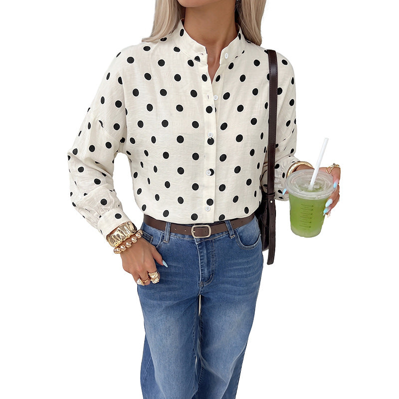 Loose stand up collar polka dot long sleeved shirt