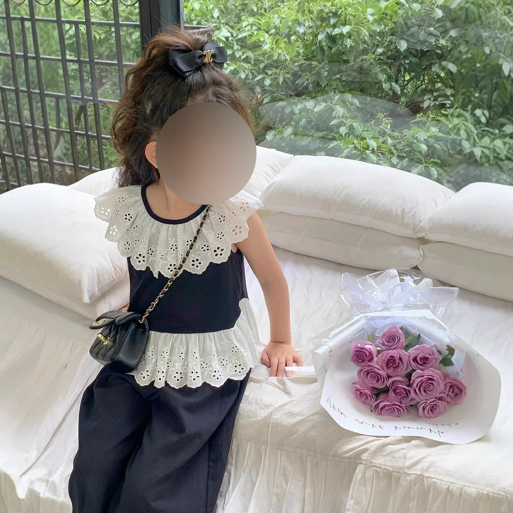 Girls' Set Summer New Round Neck Lace Top + Casual 9/10 Pants Two-Piece Set for Kids