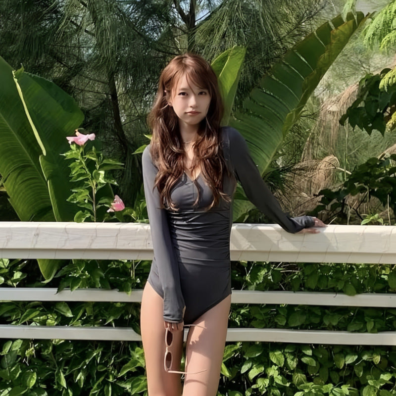 One Obvious Simple Long Sleeve Backless Bow Detail Slim Fit Swimwear