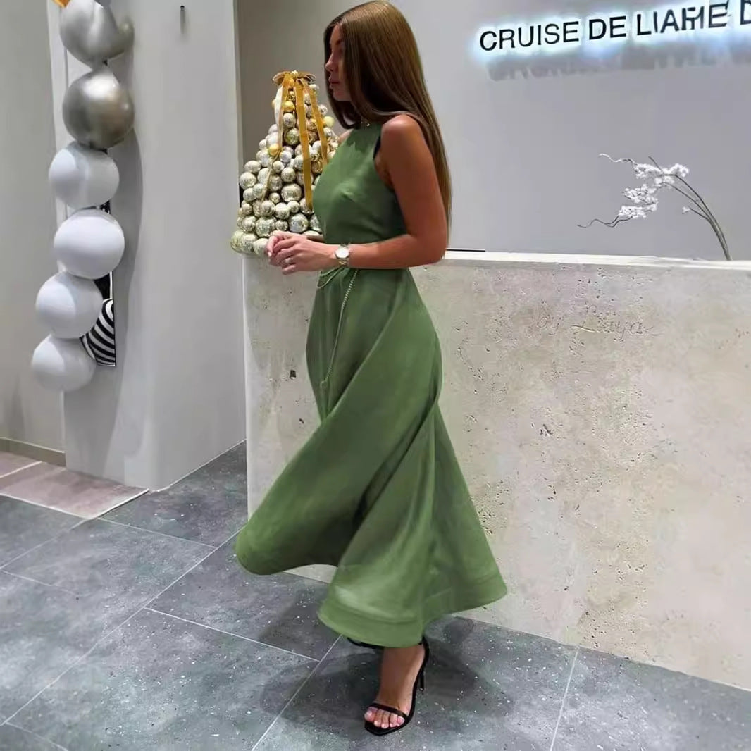 Elegant green women's dress, fashionable round neck sleeveless dress, casual new high waisted A-line mid waist dress for women