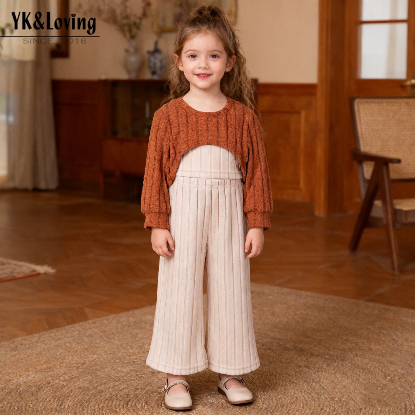 Chic Fashion Girls' 3-Piece Set Knit Long Sleeve Top, Strapless Vest, Wide-Leg Pants