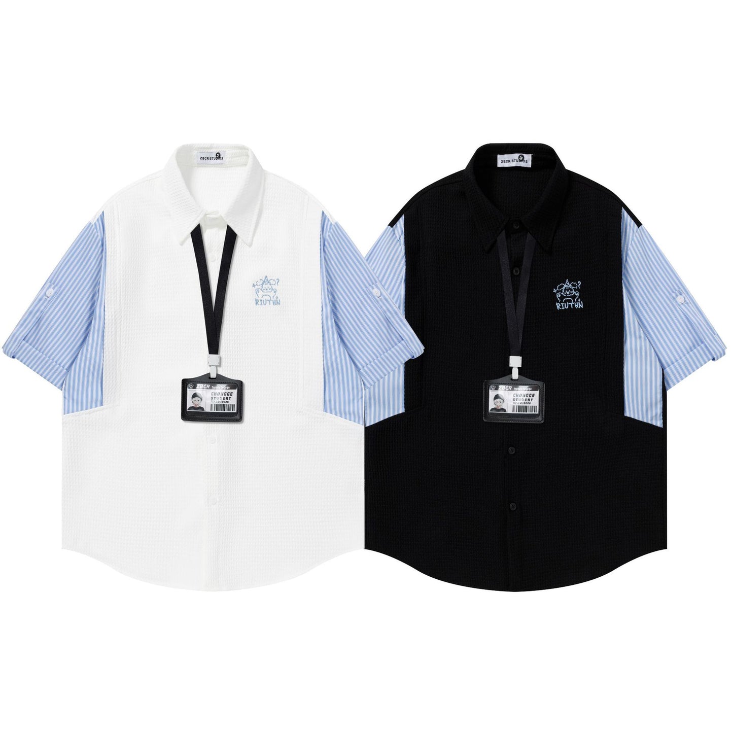 Splicing striped fake two short sleeves