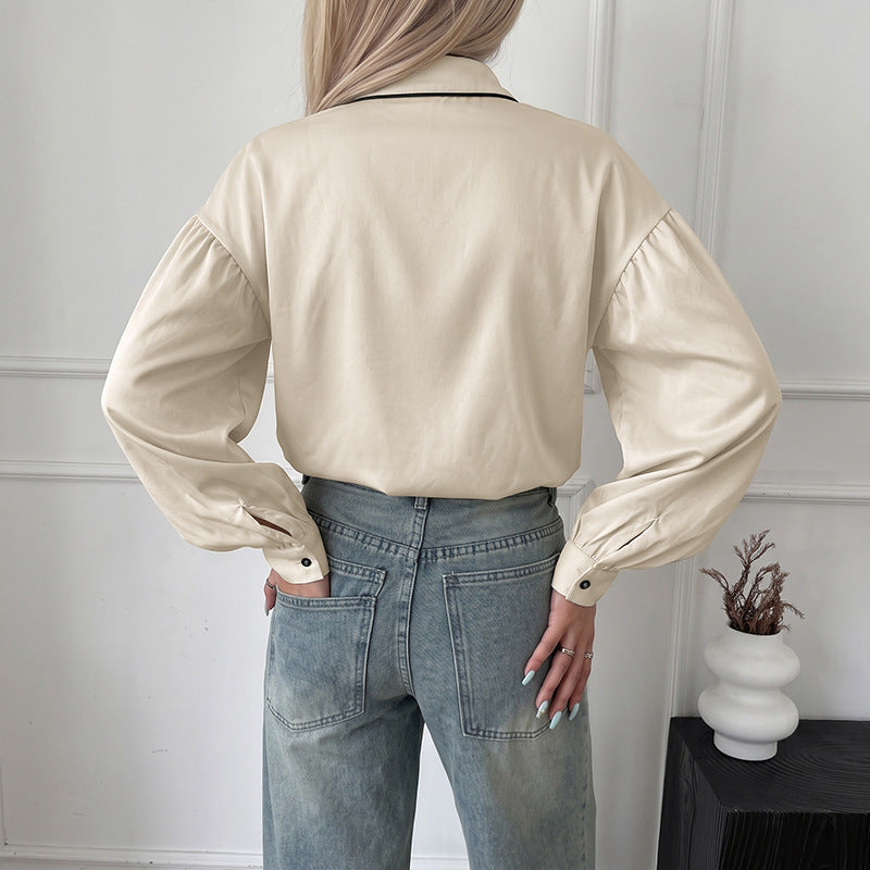 Stand up collar contrasting lantern sleeve shirt