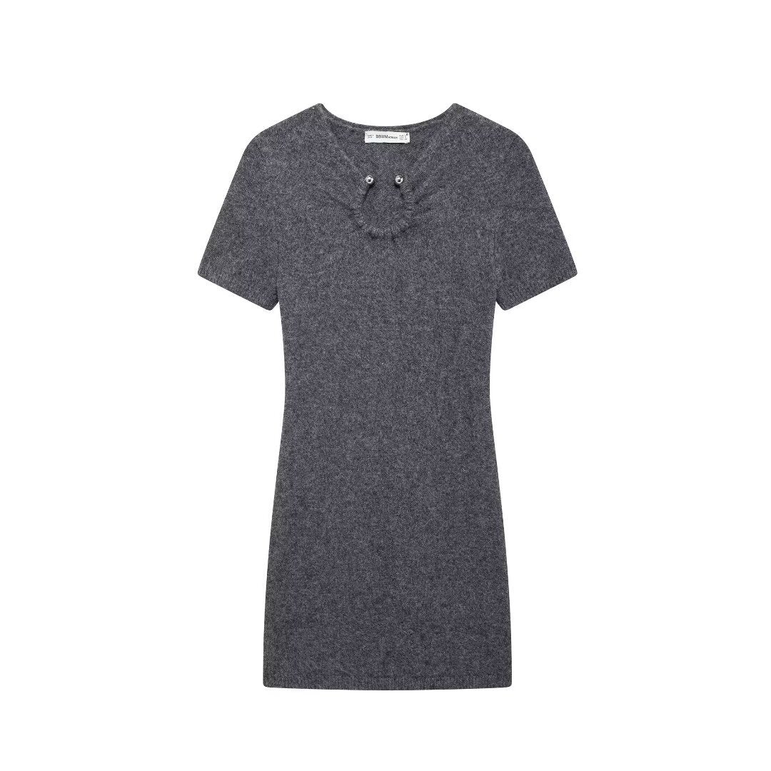 European and American winter new style low neck short sleeved gray knitted slim fit dress for women