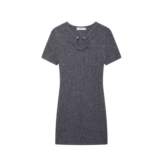 European and American winter new style low neck short sleeved gray knitted slim fit dress for women