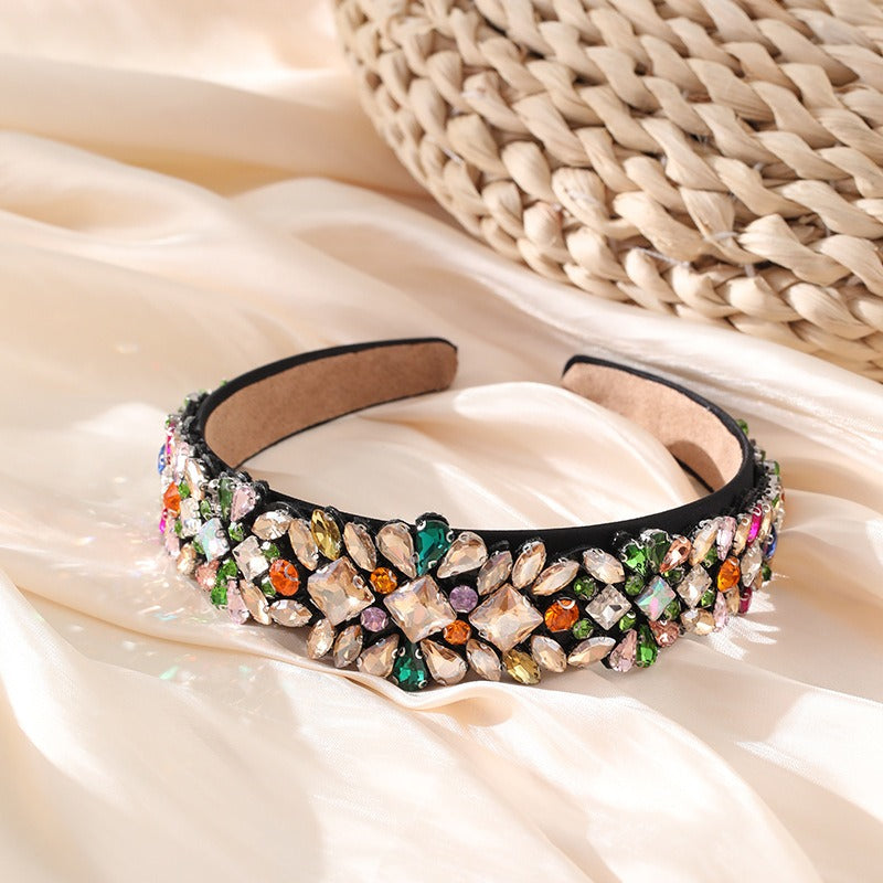 Fashionable Heavy Industry Set Colorful Water Diamond Hair Hoops for Women's Retro Palace Style Super Sparkling Baroque Wide Edg