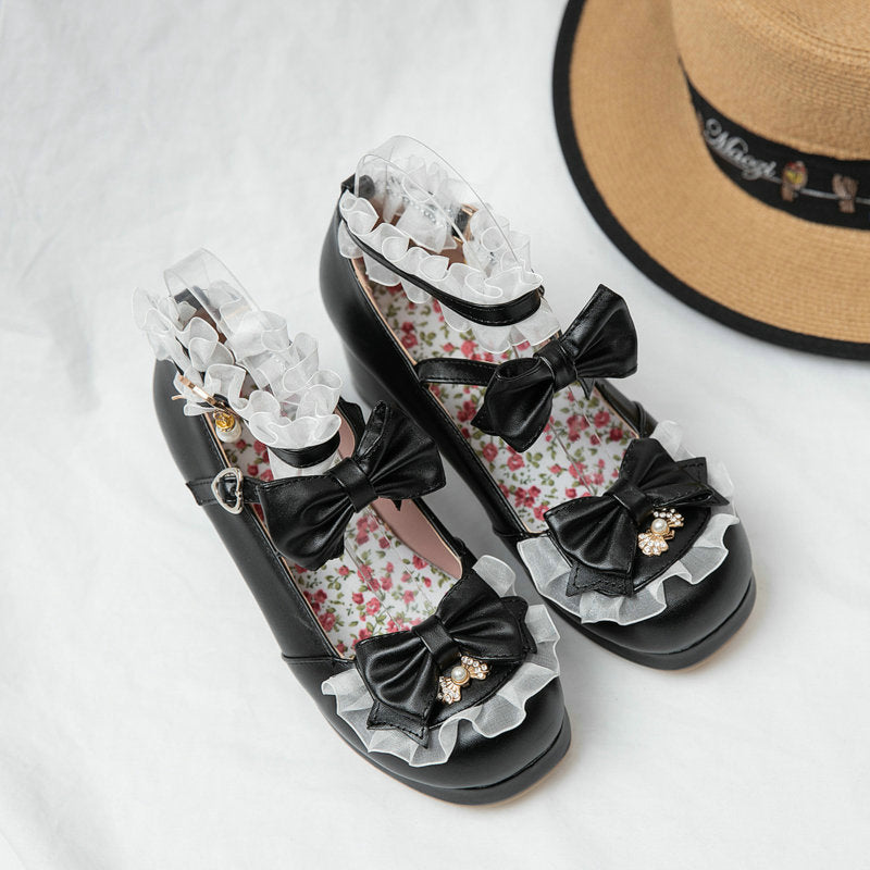 Lolita women's shoes bow shallow mouth cute girl round head with middle heel loli single shoes
