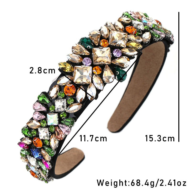 Fashionable Heavy Industry Set Colorful Water Diamond Hair Hoops for Women's Retro Palace Style Super Sparkling Baroque Wide Edg