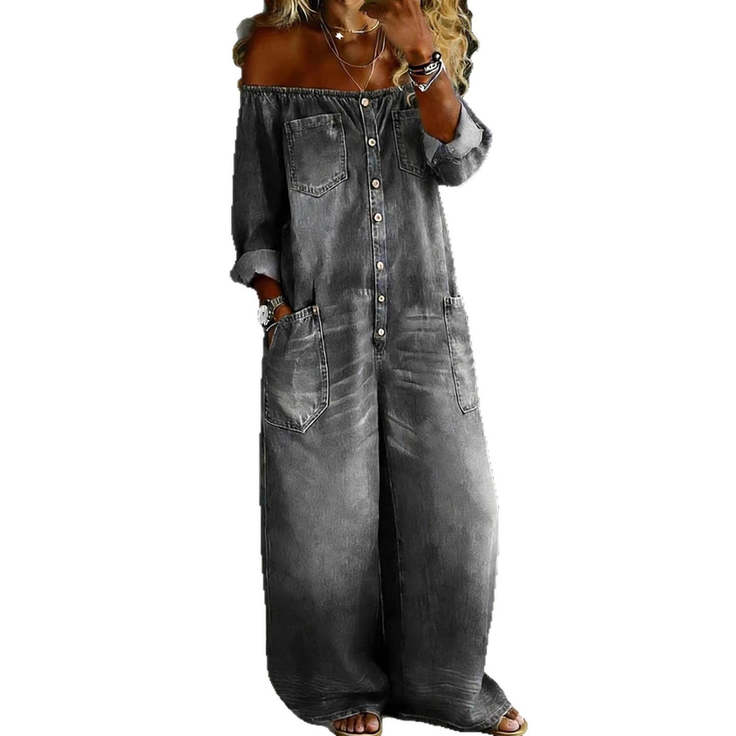 Single-Breasted Off-Shoulder Washed Overalls for Women