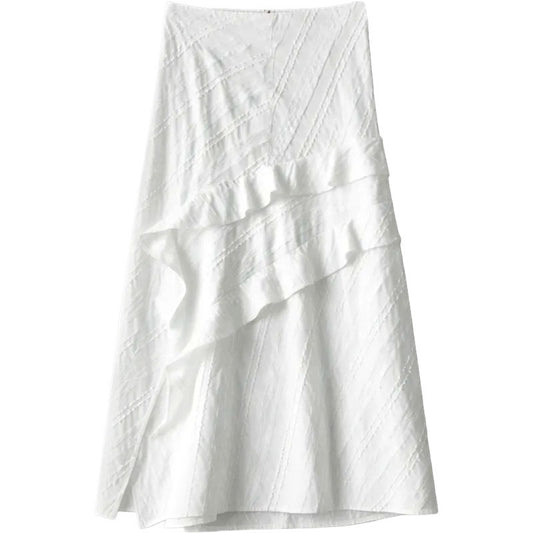 Irregular White A-Line Tiered Skirt High Waist Slimming Midi Skirt for Women