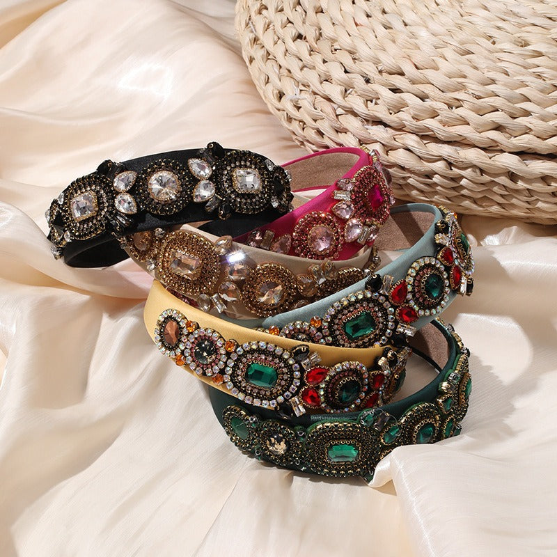 Fashion heavy handmade glass inlaid diamond wide edge sponge full diamond women's headband headwear