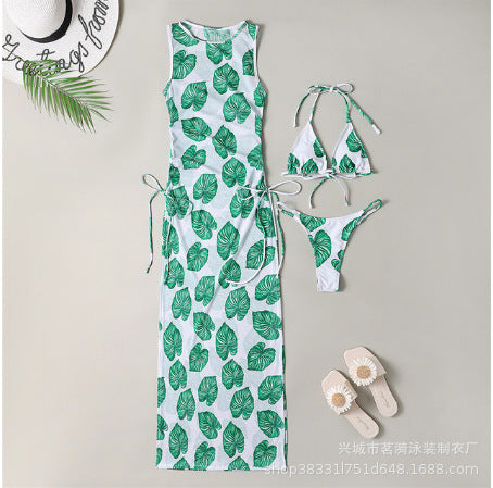 Bikini Swimwear Set, Solid Color Long Dress, Sexy Three-Piece Separated Swimsuit for Women