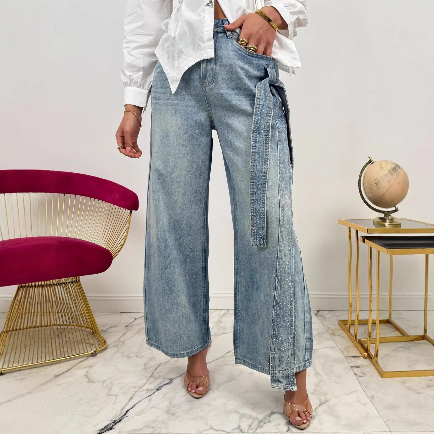 Fashion Heavy Rhinestone Side Bow Decorated Washed Denim Pants