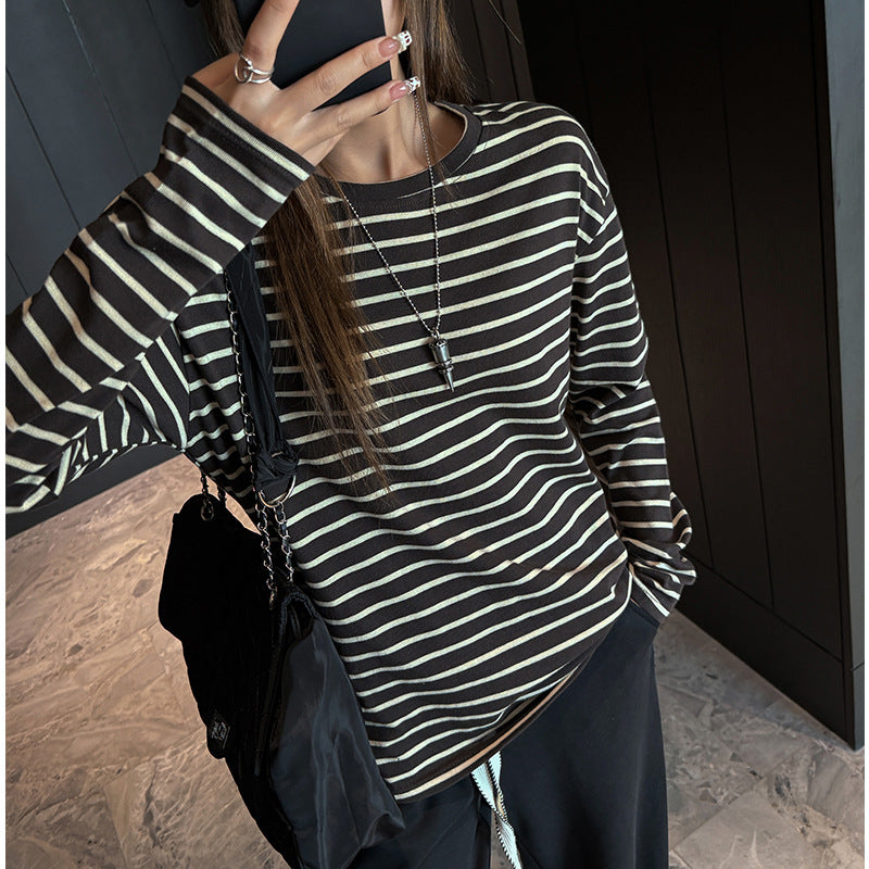 Striped cotton long sleeve T-shirt for women, loose casual high-end feel, round neck, lazy style, inner layer, can be worn outside