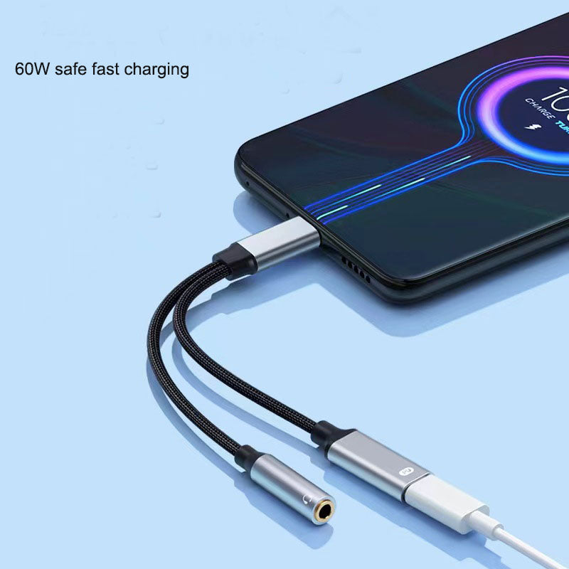Typec headphone adapter 2-in-1 wired audio charging converter with round hole Typec one/two adapter