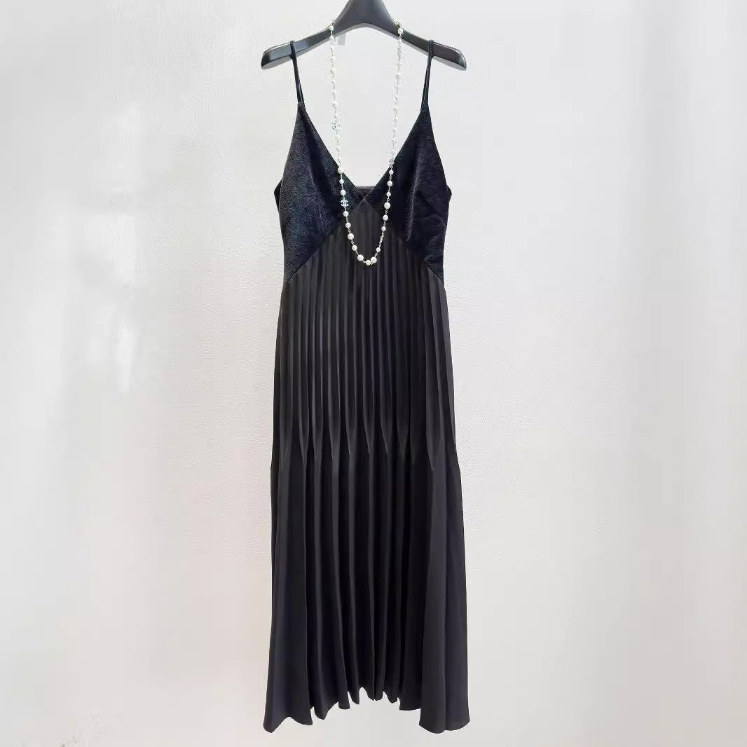 French velvet patchwork pleated V-neck camisole dress for slimming women