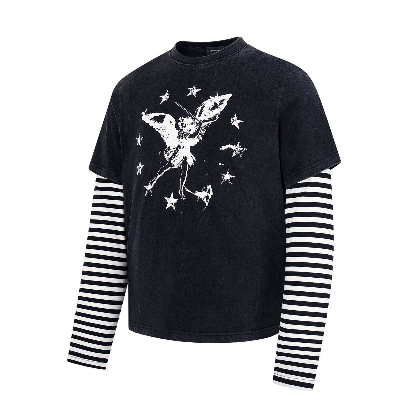 Striped fake two angel star printed long sleeved shirt
