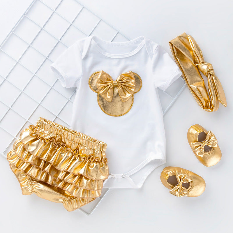 Exclusive Infant &amp; Toddler Outfit Set, Unisex Baby Cartoon Romper amp PP Pants 4-Piece Set, Princess Birthday amp; Celebration Party Wear