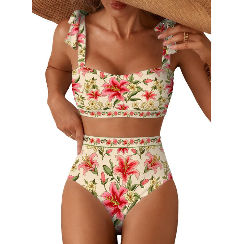 Women's Striped Bikini Set with Tie-Shoulder Design, High-Waisted Two-Piece Swimsuit