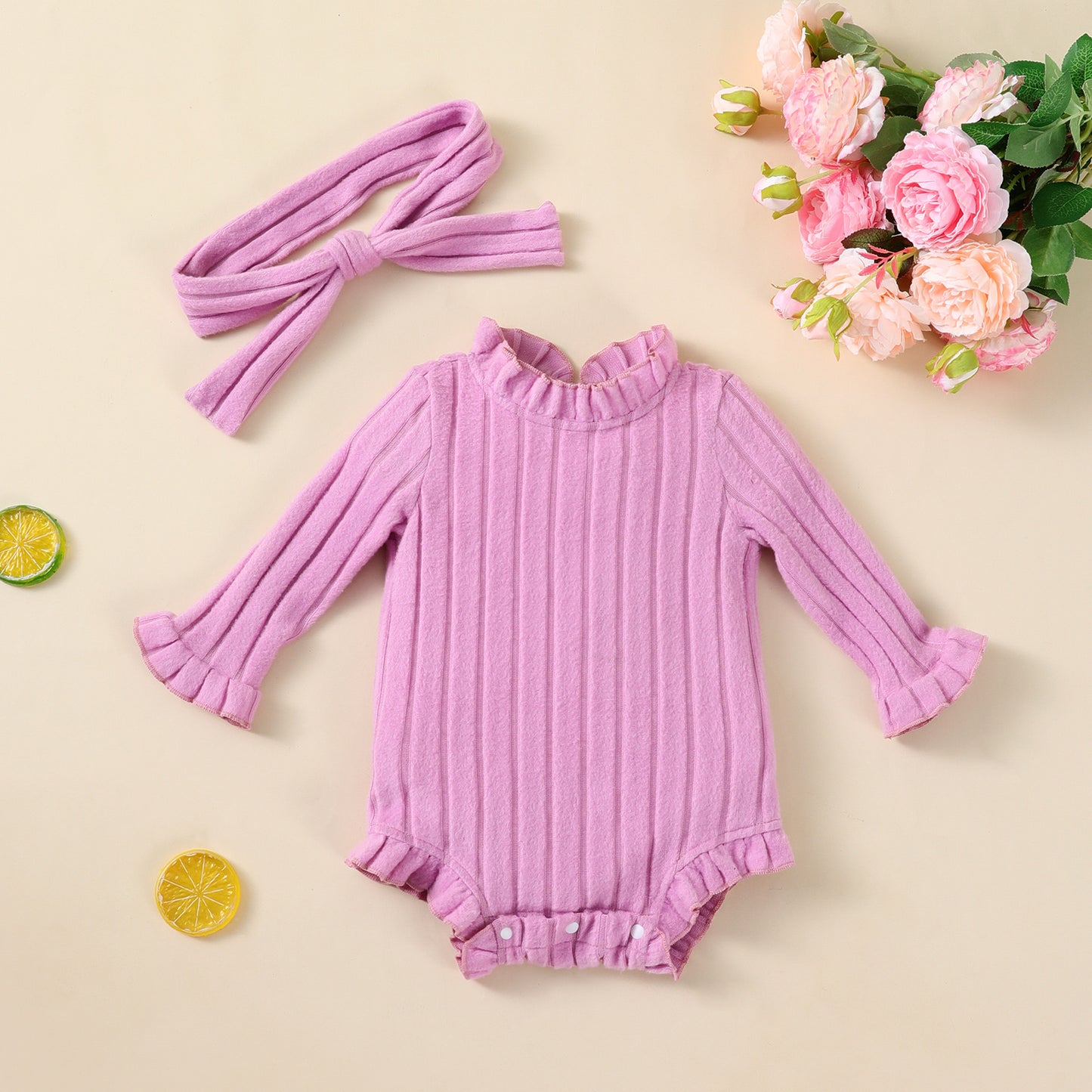 Kids Autumn/Winter New Girls' Long Sleeve Bodysuit Solid Color Ribbed Onesie with Headband Set